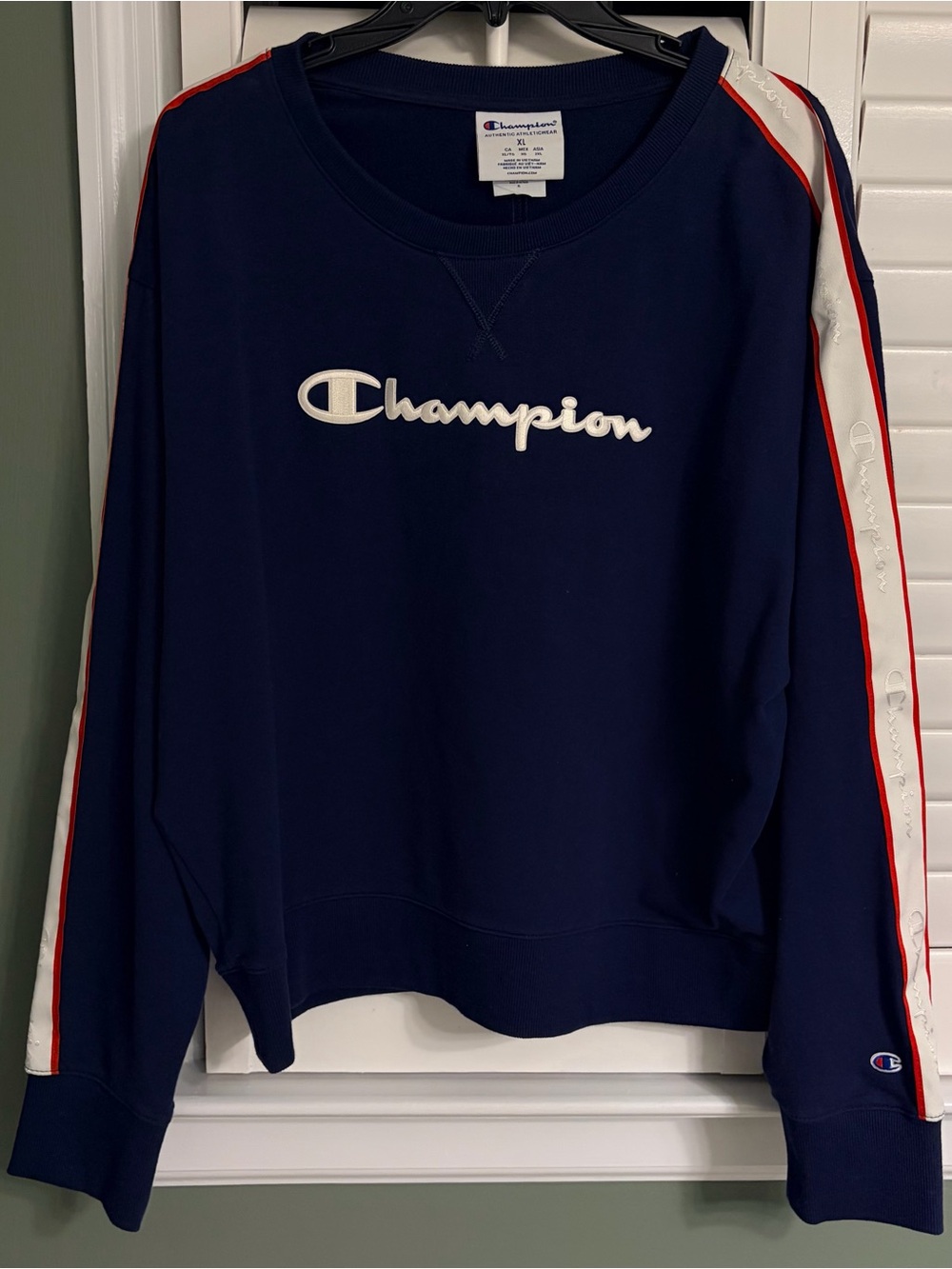 Champion Navy Crewneck Sweatshirt with White Logo and Red Trim Tape